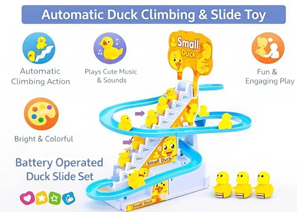 FAMNEST_JOYBOX_Musical_Duck_Climbing_Stairs_Toy_with_3_Small_Ducks,_Rollercoaster_Slide_Track_and_Upbeat_Music,_Battery_Operated_Playset_for_Toddlers