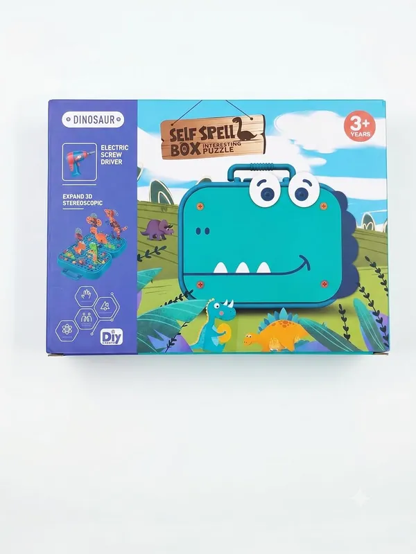 FAMNEST_JOYBOX_Electric_Drill_Screw_Puzzle_Set|_Creative_Dinosaur_Themed_Art_Puzzle_for_Kids|_351_Pieces_with_Electric_Screwdriver|_2D_&_3D_Building_Block_Kit
