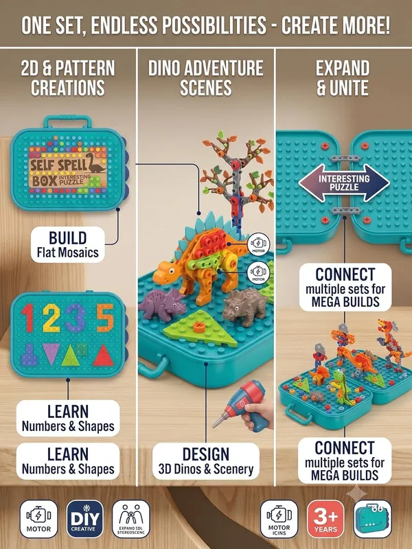FAMNEST_JOYBOX_Electric_Drill_Screw_Puzzle_Set|_Creative_Dinosaur_Themed_Art_Puzzle_for_Kids|_351_Pieces_with_Electric_Screwdriver|_2D_&_3D_Building_Block_Kit