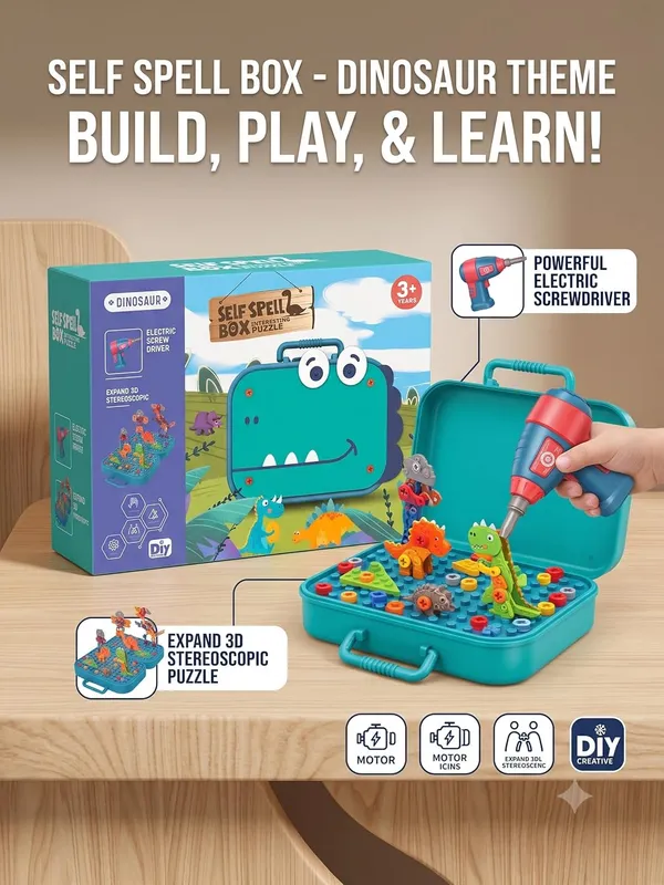 FAMNEST_JOYBOX_Electric_Drill_Screw_Puzzle_Set|_Creative_Dinosaur_Themed_Art_Puzzle_for_Kids|_351_Pieces_with_Electric_Screwdriver|_2D_&_3D_Building_Block_Kit