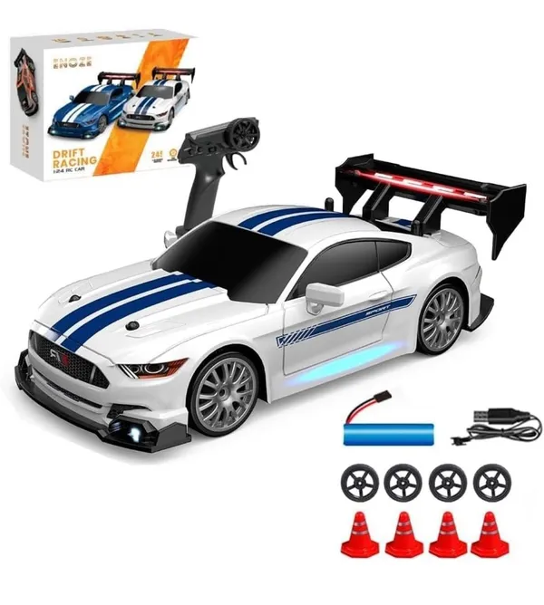 FAMNEST_JOYBOX_1:24_Scale_RC_Drift_Car_|_4WD_High_Speed_2.4GHz_Remote_Control_|_Racing_Vehicle_with_LED_Lights_|_Extra_Tires_and_Traffic_Cones_for_Boys_|_Variable_Speed_Control,_Long_Endurance,_White