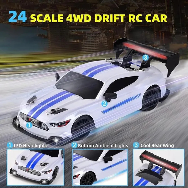 FAMNEST_JOYBOX_1:24_Scale_RC_Drift_Car_|_4WD_High_Speed_2.4GHz_Remote_Control_|_Racing_Vehicle_with_LED_Lights_|_Extra_Tires_and_Traffic_Cones_for_Boys_|_Variable_Speed_Control,_Long_Endurance,_White