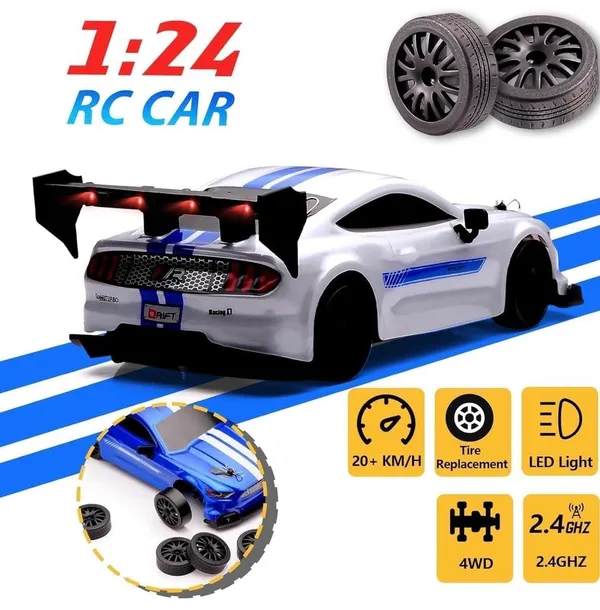 FAMNEST_JOYBOX_1:24_Scale_RC_Drift_Car_|_4WD_High_Speed_2.4GHz_Remote_Control_|_Racing_Vehicle_with_LED_Lights_|_Extra_Tires_and_Traffic_Cones_for_Boys_|_Variable_Speed_Control,_Long_Endurance,_White