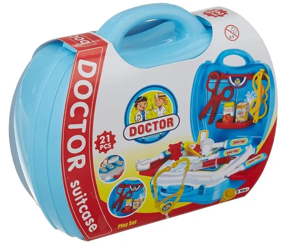 FAMNEST_JOYBOX_Kids_Doctor_Play_Set_with_21_Pcs_Medical_Kit_in_Blue_Carry_Case_|_Pretend_Play_Doctor_Toy_Stethoscope_for_Boys_&_Girls_Ages_3+_|_Blue_Suitcase_Case,_22x24cm_|_Removable_Workstation_Tray