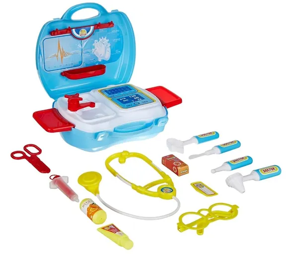 FAMNEST_JOYBOX_Kids_Doctor_Play_Set_with_21_Pcs_Medical_Kit_in_Blue_Carry_Case_|_Pretend_Play_Doctor_Toy_Stethoscope_for_Boys_&_Girls_Ages_3+_|_Blue_Suitcase_Case,_22x24cm_|_Removable_Workstation_Tray