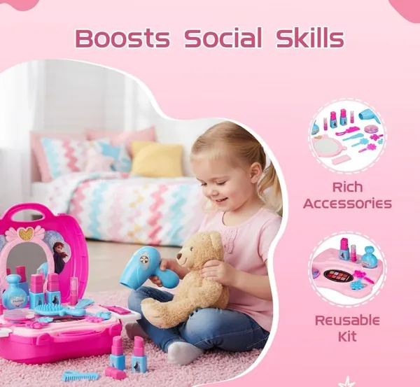 FAMNEST_JOYBOX_Kids_Makeup_Toy_Set_with_Mirror_and_Carry_Case_|_Pretend_Play_Beauty_Kit_with_Hair_Dryer_Comb_Accessories_|_Portable_Vanity_Playset_for_Girls,_Ages_2+
