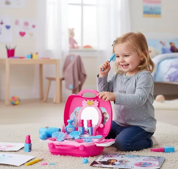 FAMNEST_JOYBOX_Kids_Makeup_Toy_Set_with_Mirror_and_Carry_Case_|_Pretend_Play_Beauty_Kit_with_Hair_Dryer_Comb_Accessories_|_Portable_Vanity_Playset_for_Girls,_Ages_2+