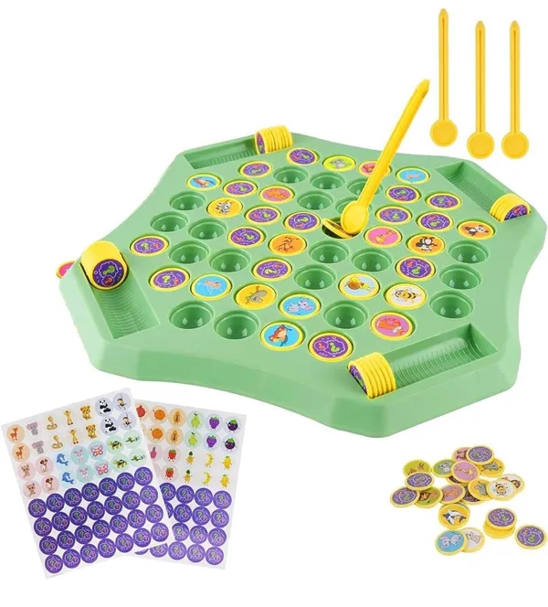 FAMNEST_JOYBOX_Memory_Matching_Tile_Board_Game_for_Kids_|_Brain_Development_Flip_and_Match_Puzzle_Toy_with_4_Picking_Sticks_|_Family_Indoor_Fun_Game_Ages_3+,_Green,_50+_Memory_Pieces,_2_Sticker_Sheets