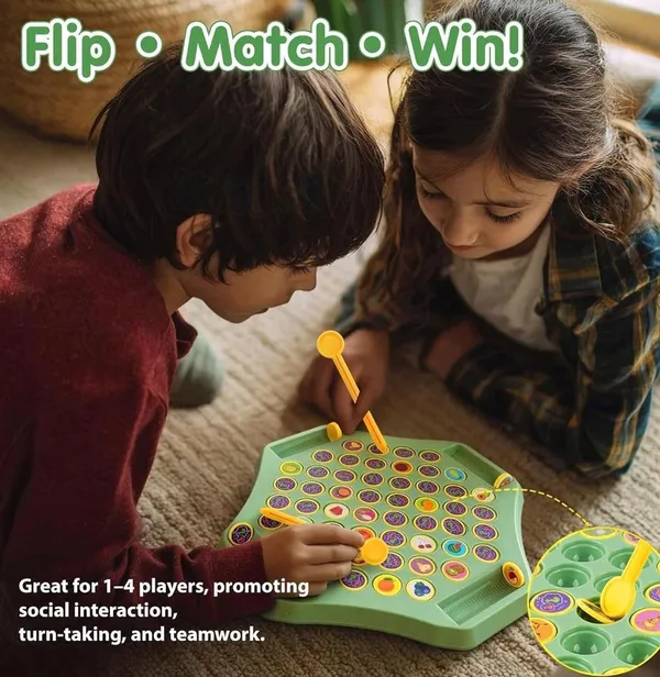 FAMNEST_JOYBOX_Memory_Matching_Tile_Board_Game_for_Kids_|_Brain_Development_Flip_and_Match_Puzzle_Toy_with_4_Picking_Sticks_|_Family_Indoor_Fun_Game_Ages_3+,_Green,_50+_Memory_Pieces,_2_Sticker_Sheets