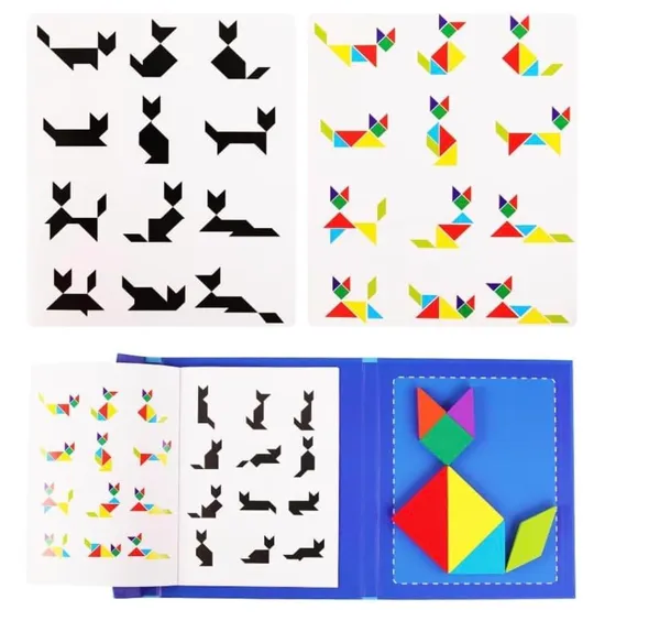 FAMNEST_JOYBOX_Wooden_Tangram_Puzzle_Book_for_Kids_|_7-Piece_Colorful_Magnetic_Shape_Brain_Teaser_with_Pattern_Cards_|_Friendly_Magnetic_Puzzle_Game_|_Travel_Educational_Toy_for_Ages_3+