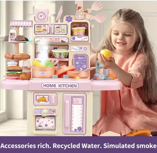 FAMNEST_JOYBOX_Kids_Pretend_Play_Kitchen_Set_|_Cooking_Role_Play_Toy_with_Running_Water_Sink_|_Light_Sound_and_Smoke_Effects_|_52cm_Accessories_for_Boys_Girls,_Ages_3+,_Pink