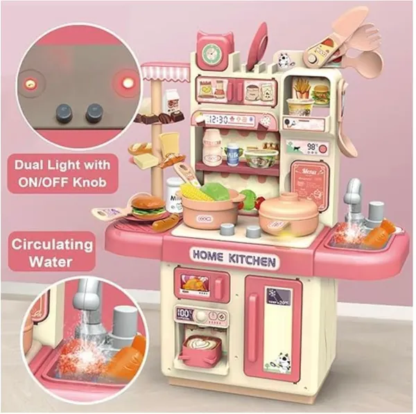 FAMNEST_JOYBOX_Kids_Pretend_Play_Kitchen_Set_|_Cooking_Role_Play_Toy_with_Running_Water_Sink_|_Light_Sound_and_Smoke_Effects_|_52cm_Accessories_for_Boys_Girls,_Ages_3+,_Pink