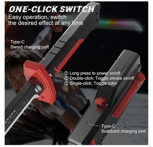 FAMNEST_JOYBOX_LED_Light_Sword_Toy_for_Kids_and_Adults_|_RGB_Gradient_Light_Saber_with_Sound_and_Spray_Mist_Effect_|_Type-C_Rechargeable_Battle_Katana_|_Battle_Toy_for_Kids,_Black_Red