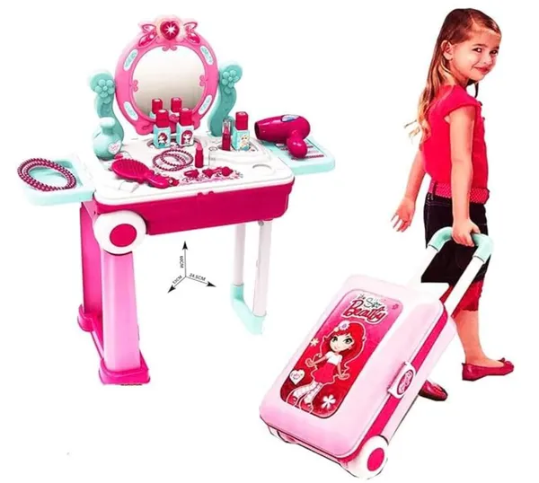 FAMNEST_JOYBOX_Kids_Beauty_Makeup_Trolley_Set_|_Pink_Pretend_Play_Dressing_Table_Vanity_Kit_with_Mirror_|_Rolling_Suitcase_and_Accessories_for_Girls_Ages_3+