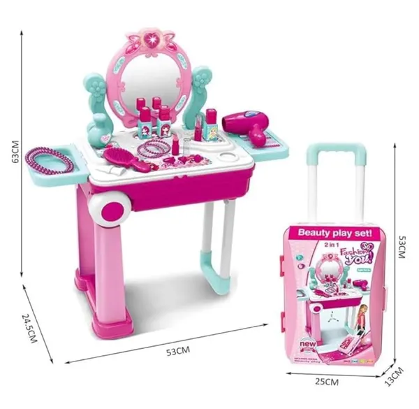 FAMNEST_JOYBOX_Kids_Beauty_Makeup_Trolley_Set_|_Pink_Pretend_Play_Dressing_Table_Vanity_Kit_with_Mirror_|_Rolling_Suitcase_and_Accessories_for_Girls_Ages_3+