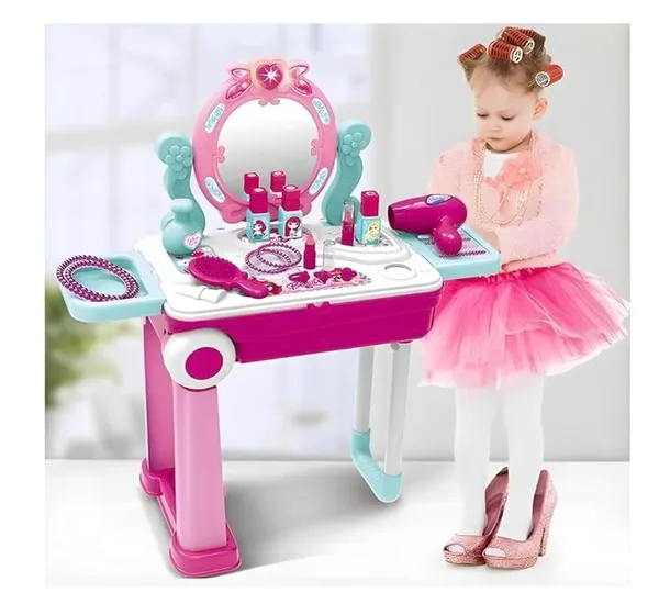 FAMNEST_JOYBOX_Kids_Beauty_Makeup_Trolley_Set_|_Pink_Pretend_Play_Dressing_Table_Vanity_Kit_with_Mirror_|_Rolling_Suitcase_and_Accessories_for_Girls_Ages_3+
