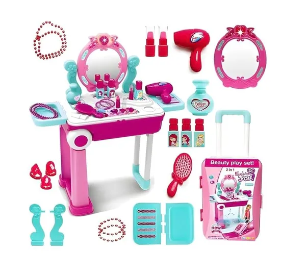 FAMNEST_JOYBOX_Kids_Beauty_Makeup_Trolley_Set_|_Pink_Pretend_Play_Dressing_Table_Vanity_Kit_with_Mirror_|_Rolling_Suitcase_and_Accessories_for_Girls_Ages_3+