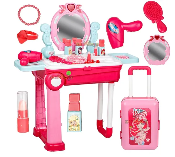 FAMNEST_JOYBOX_Kids_Beauty_Makeup_Trolley_Set_|_Pink_Pretend_Play_Dressing_Table_Vanity_Kit_with_Mirror_|_Rolling_Suitcase_and_Accessories_for_Girls_Ages_3+