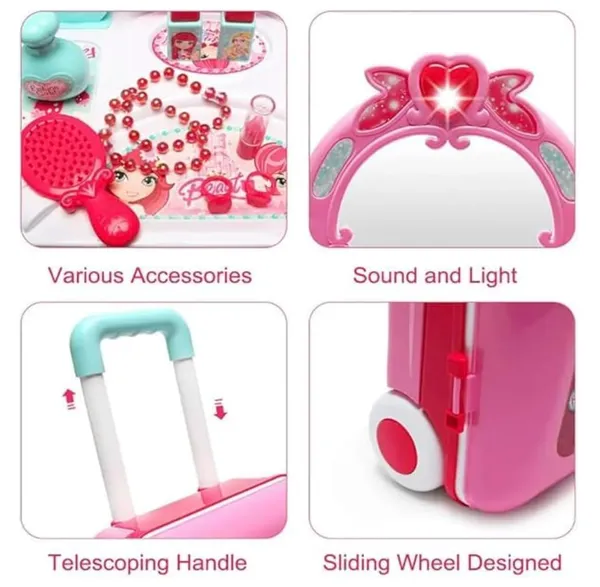FAMNEST_JOYBOX_Kids_Beauty_Makeup_Trolley_Set_|_Pink_Pretend_Play_Dressing_Table_Vanity_Kit_with_Mirror_|_Rolling_Suitcase_and_Accessories_for_Girls_Ages_3+