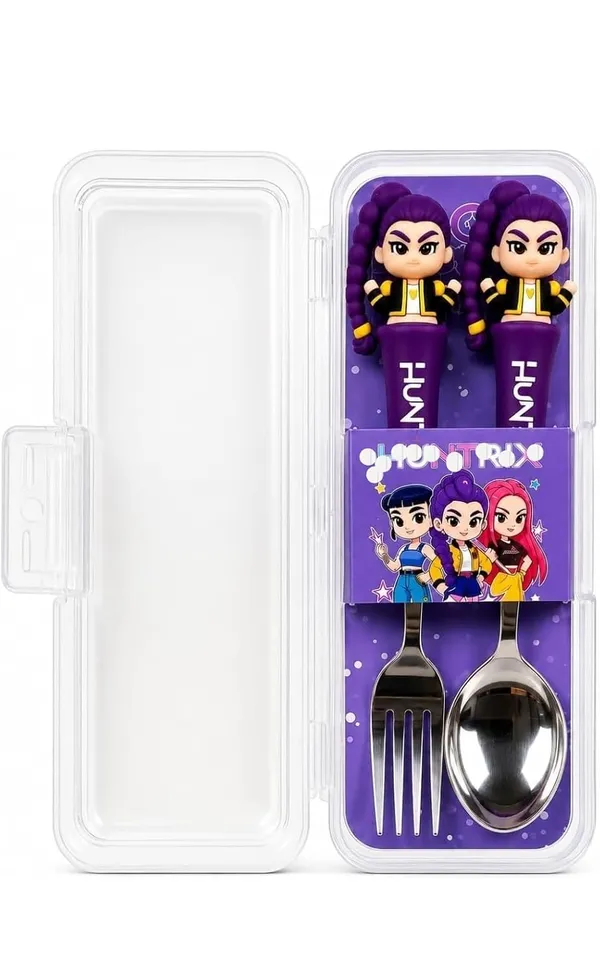FAMNEST_JOYBOX_K-Pop_Roomi_Spoon_and_Fork_Cutlery_Set_with_Storage_Case_|_Portable_Stainless_Steel_Lunch_Box_Utensils_3D_Doll_Handle_Kids_|_Cutlery_Set_for_School_Lunch_Box,_Picnic,_Pink_Color