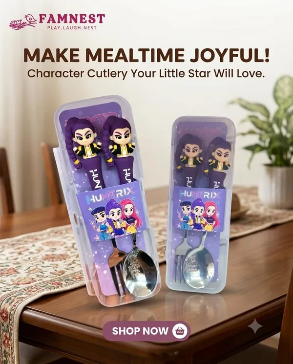 FAMNEST_JOYBOX_K-Pop_Roomi_Spoon_and_Fork_Cutlery_Set_with_Storage_Case_|_Portable_Stainless_Steel_Lunch_Box_Utensils_3D_Doll_Handle_Kids_|_Cutlery_Set_for_School_Lunch_Box,_Picnic,_Pink_Color