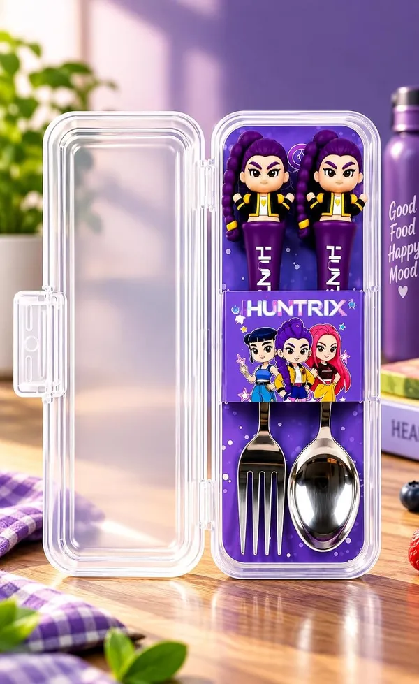 FAMNEST_JOYBOX_K-Pop_Roomi_Spoon_and_Fork_Cutlery_Set_with_Storage_Case_|_Portable_Stainless_Steel_Lunch_Box_Utensils_3D_Doll_Handle_Kids_|_Cutlery_Set_for_School_Lunch_Box,_Picnic,_Pink_Color