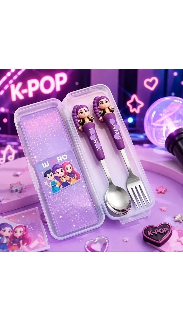 FAMNEST_JOYBOX_K-Pop_Roomi_Spoon_and_Fork_Cutlery_Set_with_Storage_Case_|_Portable_Stainless_Steel_Lunch_Box_Utensils_3D_Doll_Handle_Kids_|_Cutlery_Set_for_School_Lunch_Box,_Picnic,_Pink_Color