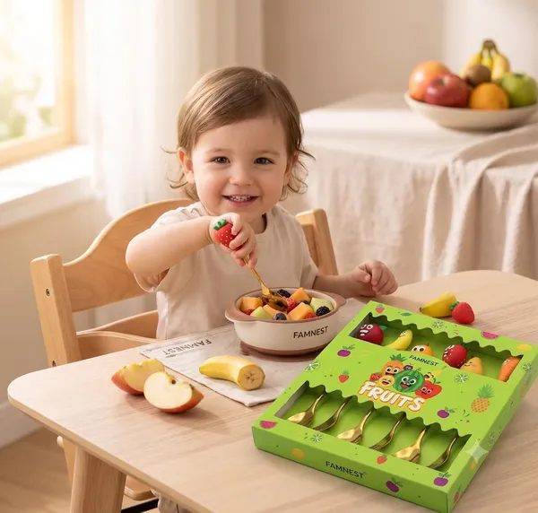 FAMNEST_JOYBOX_6_Piece_Fruit_Theme_Kids_Cutlery_Set_|_Premium_Gold_Plated_Stainless_Steel_Spoons_and_Forks_with_Detachable_Handles_|_Toddler_Utensils_Gift_|_3_Forks_&_3_Spoons