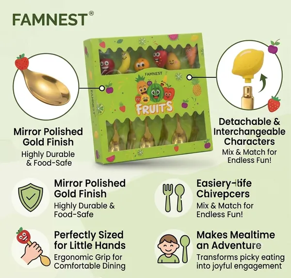 FAMNEST_JOYBOX_6_Piece_Fruit_Theme_Kids_Cutlery_Set_|_Premium_Gold_Plated_Stainless_Steel_Spoons_and_Forks_with_Detachable_Handles_|_Toddler_Utensils_Gift_|_3_Forks_&_3_Spoons