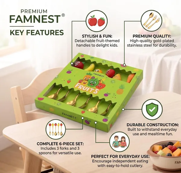 FAMNEST_JOYBOX_6_Piece_Fruit_Theme_Kids_Cutlery_Set_|_Premium_Gold_Plated_Stainless_Steel_Spoons_and_Forks_with_Detachable_Handles_|_Toddler_Utensils_Gift_|_3_Forks_&_3_Spoons