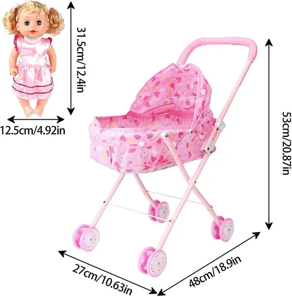 FAMNEST_JOYBOX_Baby_Doll_Stroller_Toy_Set_(Stroller_and_Doll_or_baby)_|_Foldable,_Pink_or_Purple_Pram,_12_Inch_Realistic_Doll_and_Canopy,_Pretend_Play_Nursery_Accessories,_Gift_for_Girls