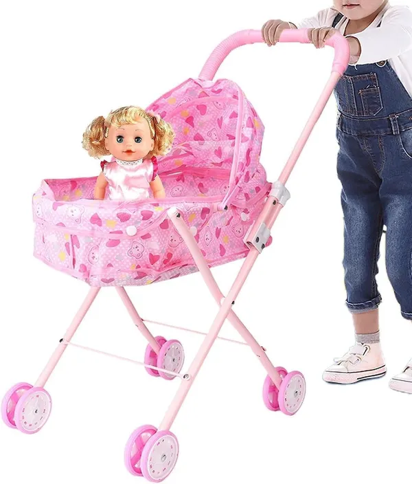 FAMNEST_JOYBOX_Baby_Doll_Stroller_Toy_Set_(Stroller_and_Doll_or_baby)_|_Foldable,_Pink_or_Purple_Pram,_12_Inch_Realistic_Doll_and_Canopy,_Pretend_Play_Nursery_Accessories,_Gift_for_Girls