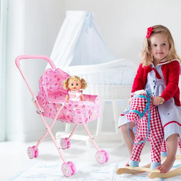 FAMNEST_JOYBOX_Baby_Doll_Stroller_Toy_Set_(Stroller_and_Doll_or_baby)_|_Foldable,_Pink_or_Purple_Pram,_12_Inch_Realistic_Doll_and_Canopy,_Pretend_Play_Nursery_Accessories,_Gift_for_Girls