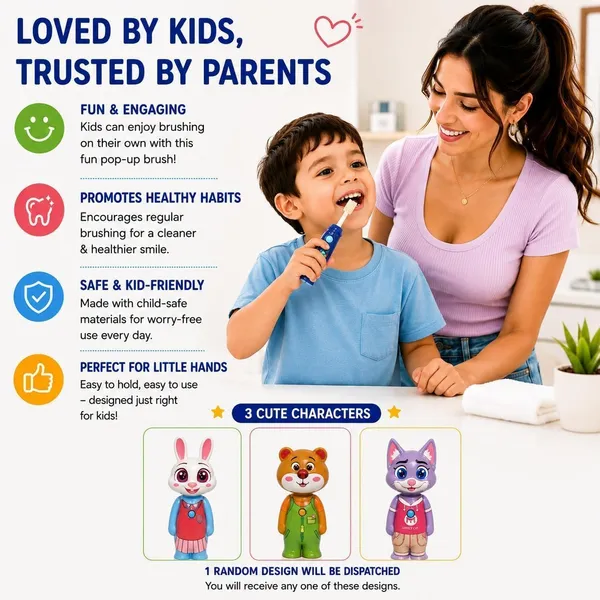 FAMNEST_JOYBOX_Kids_Pop-Up_Cartoon_Character_Toothbrush_with_Soft_Bristles_and_Protective_Cap_|_Travel_Friendly_Manual_Toothbrushes_for_Boys_&_Girls_|_Steve_Toothbrush_(Red)_-_Pack_of_2