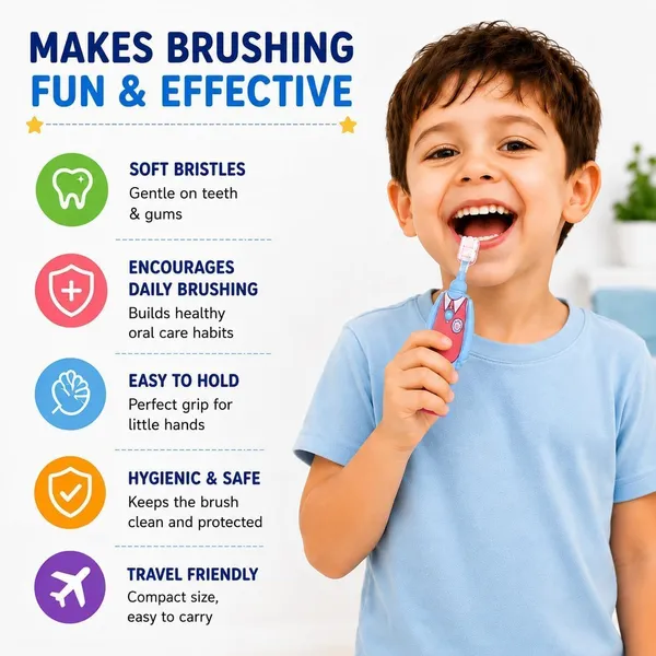 FAMNEST_JOYBOX_Kids_Pop-Up_Cartoon_Character_Toothbrush_with_Soft_Bristles_and_Protective_Cap_|_Travel_Friendly_Manual_Toothbrushes_for_Boys_&_Girls_|_Steve_Toothbrush_(Red)_-_Pack_of_2
