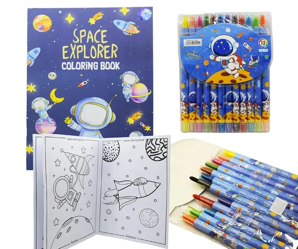 FAMNEST_JOYBOX_Space_Explorer_Coloring_Book_&_12_Rolling_Crayons_Set_for_Kids_Ages_4-8_|_Large_28x22cm_Art_Activity_Party_Favors_for_Boys_and_Girls_|_Children's_Drawing_Book_and_Crayons