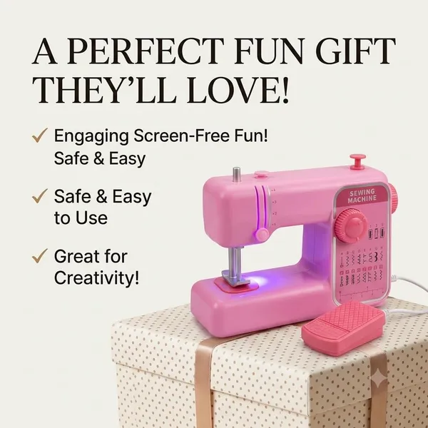 FAMNEST_JOYBOX_Kids_Toy_Sewing_Machine_with_Light_Music_and_Foot_Pedal_|_Battery_Operated_Pretend_Play_Small_Home_Appliance_Roleplay_Toy_for_Girls,_Pink