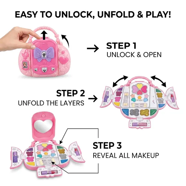 FAMNEST_JOYBOX_Fairy_Makeup_Case_for_Kids_|_Washable_Cosmetics_Kit_with_Mirror_and_Applicators_|_Pretend_Play_Beauty_Salon_Fold-Out_Set_for_Girls_Ages_3_&_Up_|_Includes_Mirror,_Heart-Shaped_Pans,_Pink
