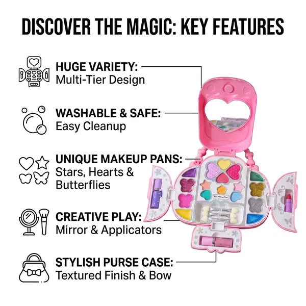 FAMNEST_JOYBOX_Fairy_Makeup_Case_for_Kids_|_Washable_Cosmetics_Kit_with_Mirror_and_Applicators_|_Pretend_Play_Beauty_Salon_Fold-Out_Set_for_Girls_Ages_3_&_Up_|_Includes_Mirror,_Heart-Shaped_Pans,_Pink