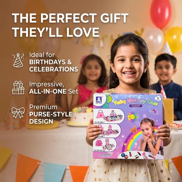 FAMNEST_JOYBOX_Fairy_Makeup_Case_for_Kids_|_Washable_Cosmetics_Kit_with_Mirror_and_Applicators_|_Pretend_Play_Beauty_Salon_Fold-Out_Set_for_Girls_Ages_3_&_Up_|_Includes_Mirror,_Heart-Shaped_Pans,_Pink