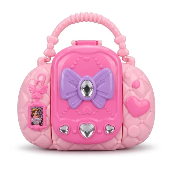 FAMNEST_JOYBOX_Fairy_Makeup_Case_for_Kids_|_Washable_Cosmetics_Kit_with_Mirror_and_Applicators_|_Pretend_Play_Beauty_Salon_Fold-Out_Set_for_Girls_Ages_3_&_Up_|_Includes_Mirror,_Heart-Shaped_Pans,_Pink