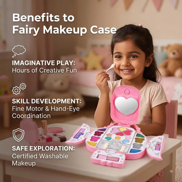 FAMNEST_JOYBOX_Fairy_Makeup_Case_for_Kids_|_Washable_Cosmetics_Kit_with_Mirror_and_Applicators_|_Pretend_Play_Beauty_Salon_Fold-Out_Set_for_Girls_Ages_3_&_Up_|_Includes_Mirror,_Heart-Shaped_Pans,_Pink