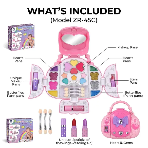 FAMNEST_JOYBOX_Fairy_Makeup_Case_for_Kids_|_Washable_Cosmetics_Kit_with_Mirror_and_Applicators_|_Pretend_Play_Beauty_Salon_Fold-Out_Set_for_Girls_Ages_3_&_Up_|_Includes_Mirror,_Heart-Shaped_Pans,_Pink