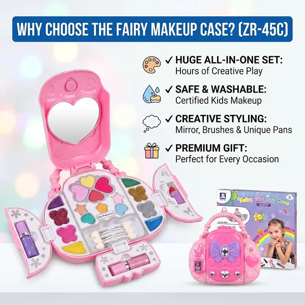 FAMNEST_JOYBOX_Fairy_Makeup_Case_for_Kids_|_Washable_Cosmetics_Kit_with_Mirror_and_Applicators_|_Pretend_Play_Beauty_Salon_Fold-Out_Set_for_Girls_Ages_3_&_Up_|_Includes_Mirror,_Heart-Shaped_Pans,_Pink