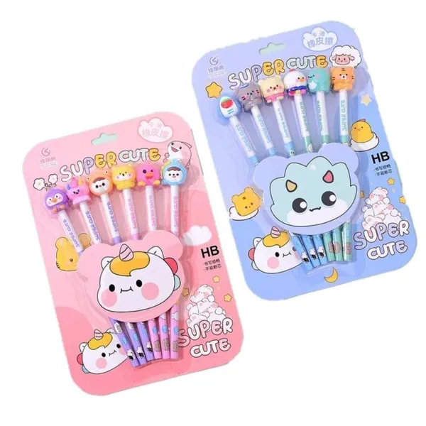 FAMNEST_JOYBOX_Pink_Cute_Cartoon_HB_Pencils_Set_for_Kids_|_6_Pics_of_Animal_Eraser_Topper_Pencils_|_Smooth_Writing_School_Stationery_Gift_for_Boys_&_Girls_|_Cute_Pencils_for_Children,_Pink_Set