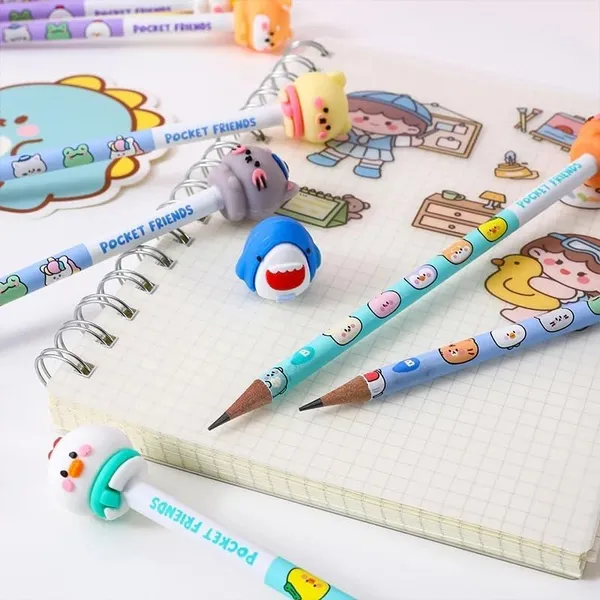 FAMNEST_JOYBOX_Pink_Cute_Cartoon_HB_Pencils_Set_for_Kids_|_6_Pics_of_Animal_Eraser_Topper_Pencils_|_Smooth_Writing_School_Stationery_Gift_for_Boys_&_Girls_|_Cute_Pencils_for_Children,_Pink_Set