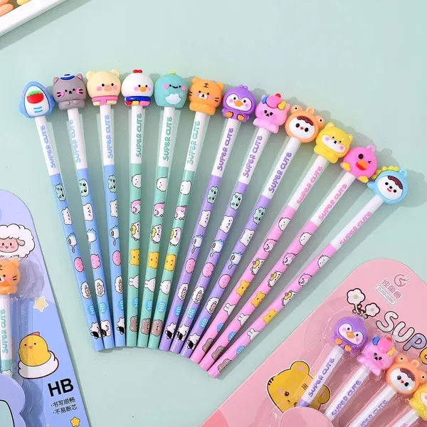 FAMNEST_JOYBOX_Pink_Cute_Cartoon_HB_Pencils_Set_for_Kids_|_6_Pics_of_Animal_Eraser_Topper_Pencils_|_Smooth_Writing_School_Stationery_Gift_for_Boys_&_Girls_|_Cute_Pencils_for_Children,_Pink_Set