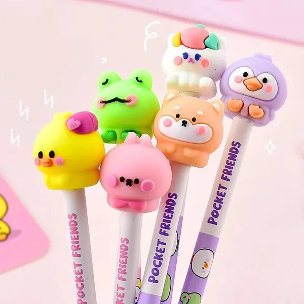 FAMNEST_JOYBOX_Pink_Cute_Cartoon_HB_Pencils_Set_for_Kids_|_6_Pics_of_Animal_Eraser_Topper_Pencils_|_Smooth_Writing_School_Stationery_Gift_for_Boys_&_Girls_|_Cute_Pencils_for_Children,_Pink_Set