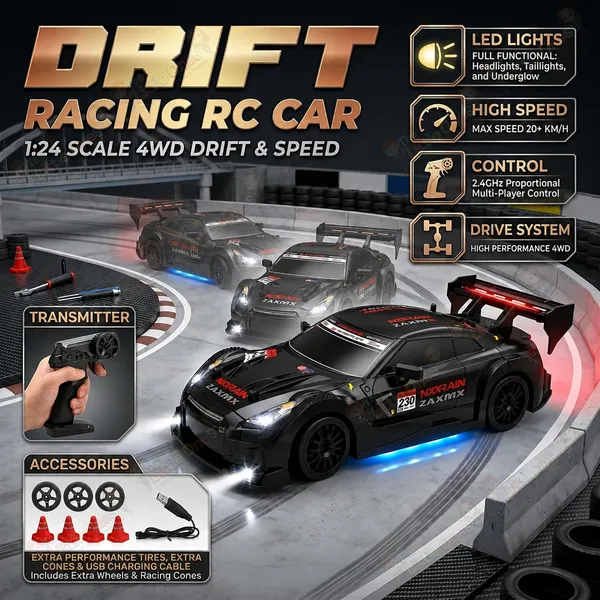 FAMNEST_JOYBOX_4x4_RC_Drifting_Car_for_Kids_|_1:24_Scale_High_Speed_Remote_Control_Drift_Cars_for_Children_|_2.4GHz,_Off_Road_Stunt,_360_Toy_with_LED_Lights_&_Cones_for_Boys_&_Girls,_ShadowDrift_Pro