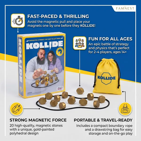 FAMNEST_JOYBOX_Kollide_Magnet_Board_Game_for_Family_&_Party_Nights_|_20_Gold_Polyhedral_Magnets,_Rope_&_Storage_Bag_|_Fast-Paced_Strategy_Game_for_2-4_Players,_Ages_14+